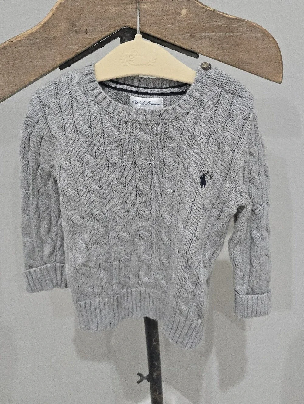 Ralph Lauren Light Gray Cable Knit Crewneck Sweater 24 Months